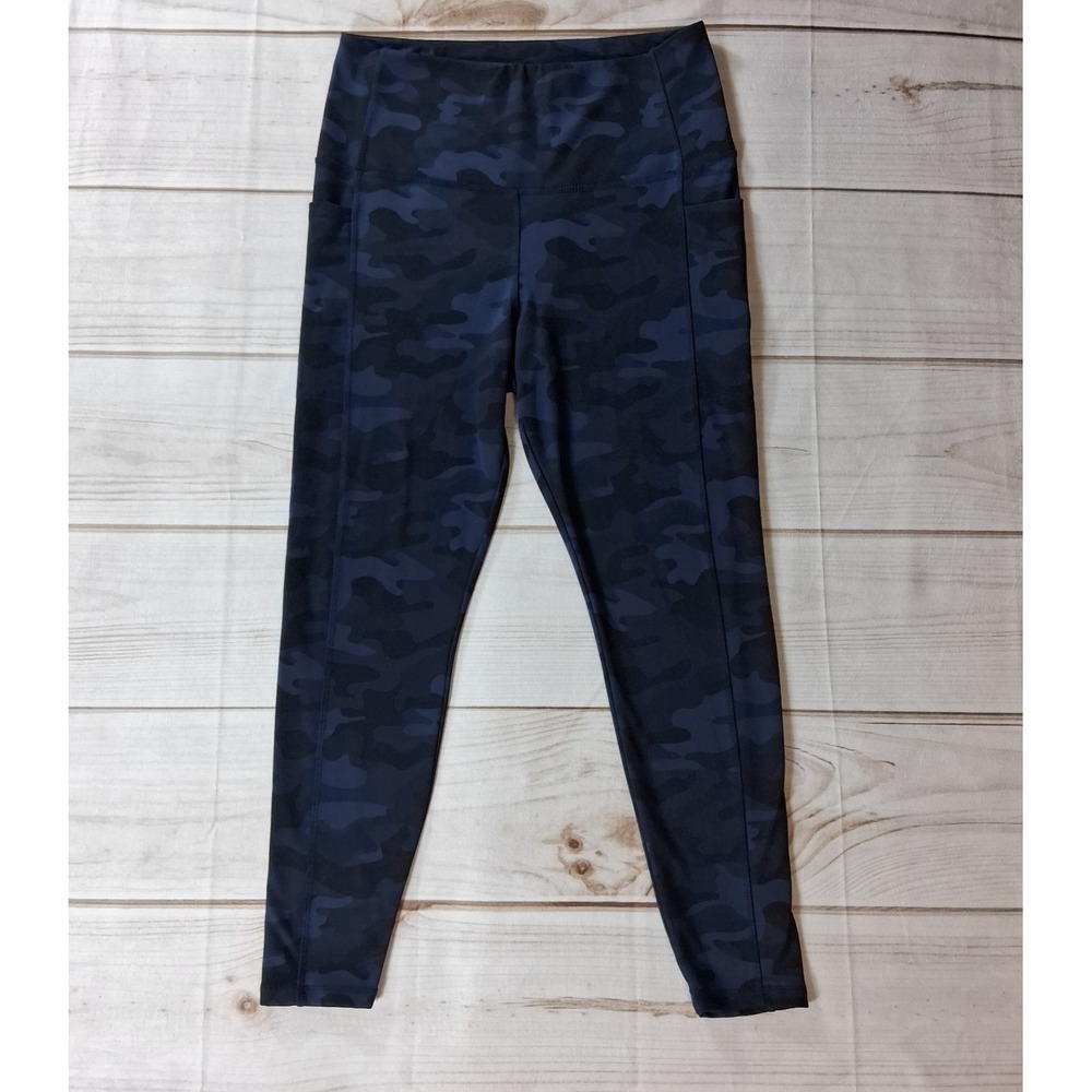 Danskin Navy Camo Leggings Women's Large High Rise Side Pocket Camouflage Yoga
